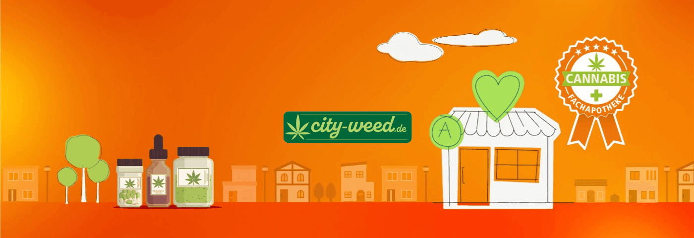 Stadtansicht mit Cannabisprodukten und Apotheke